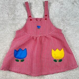 Vintage Red Gingham Tulip Applique Pinafore Jumper Dress Kids Red Whit 24 M
